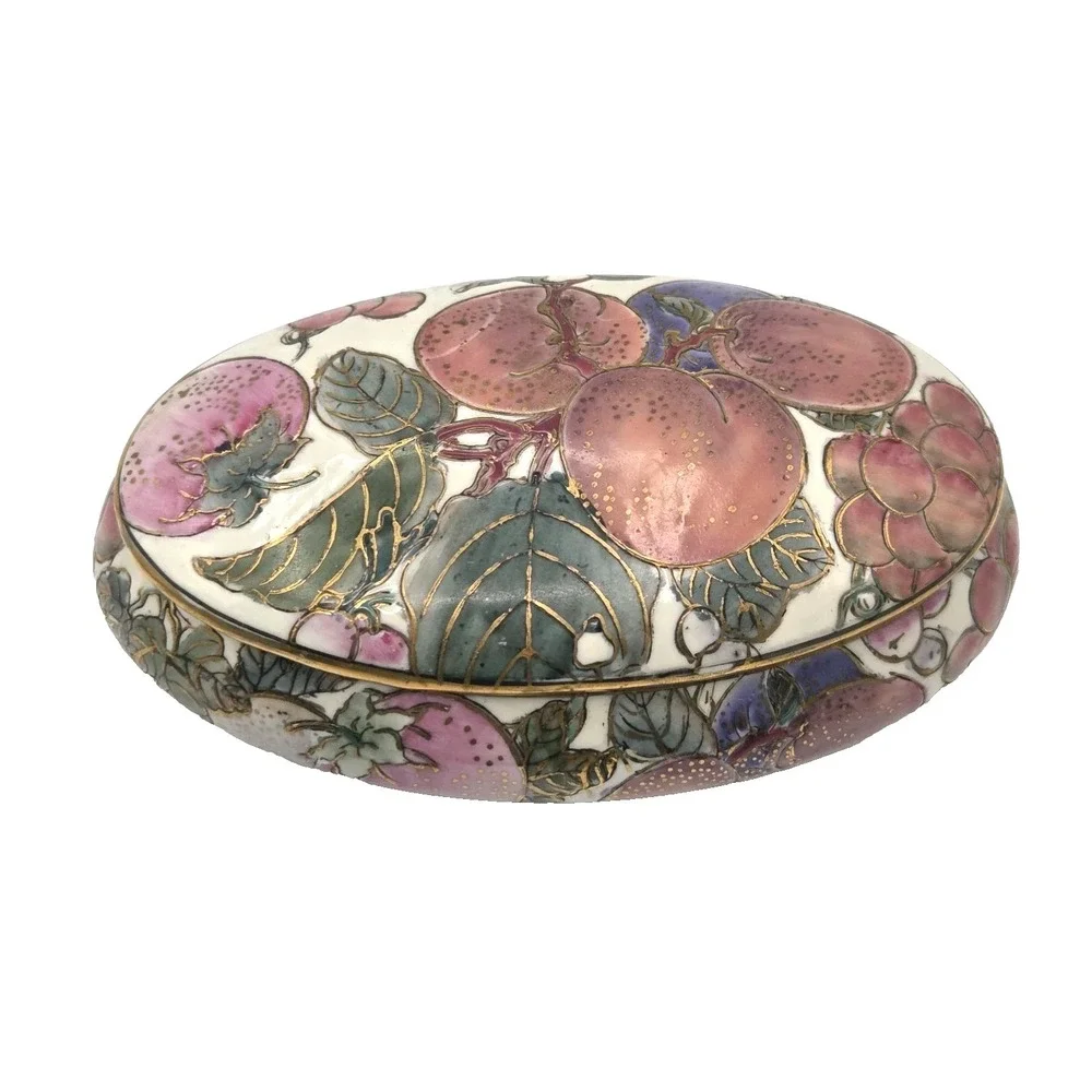 VINTAGE Toyo China Oval Enameled Trinket Jewelry Box